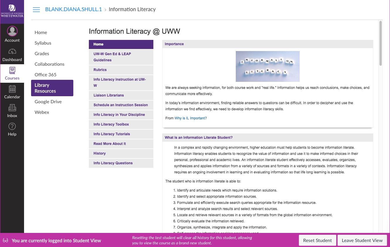 Screenshot of student view of integrated library guide in Canvas course