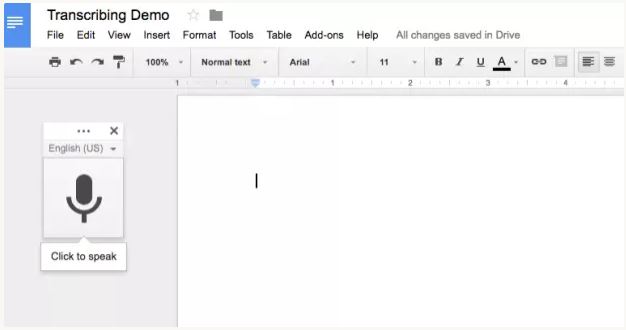 Screenshot of Google Voice Typing on black Google Doc