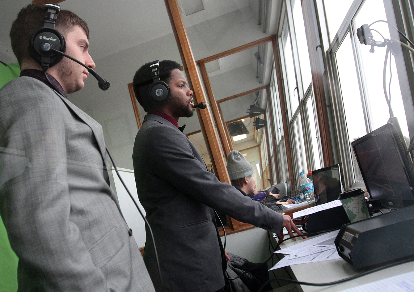 Tyler Job, left, and Connor Moore broadcast the final UW-Whitewater home football game of the 2018 season.