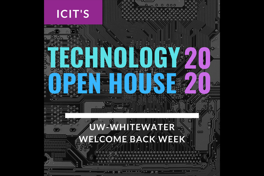 Technology open house graphic with keyboard.