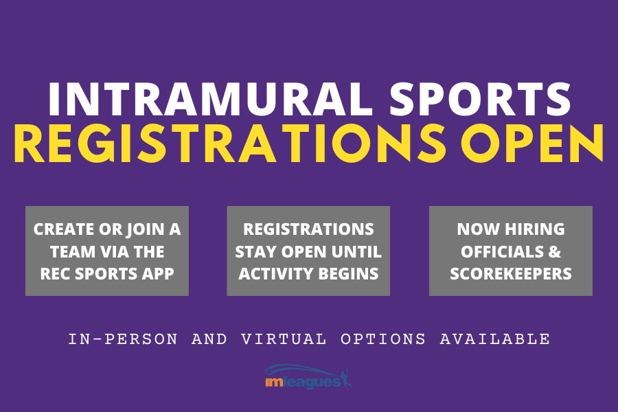 Intramural sports registrations open on a purple background