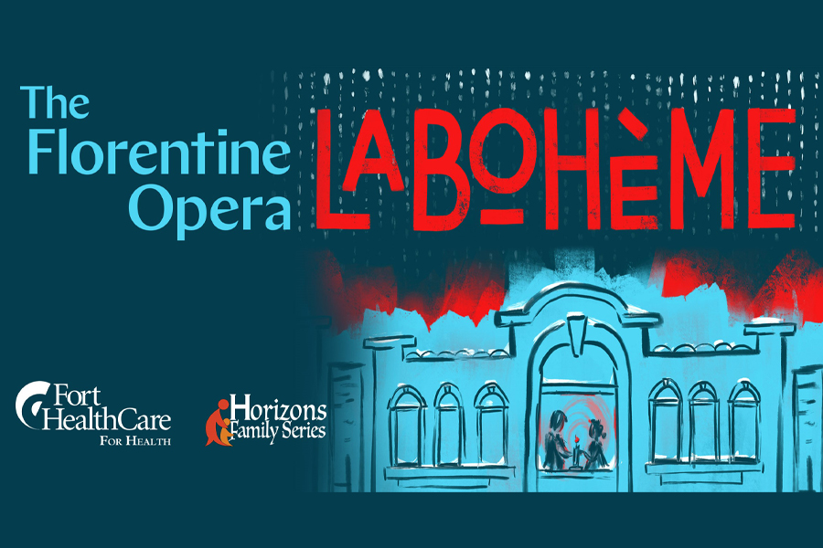 Illustration of a building on a green background with red words, Florentine Opera La Boheme.