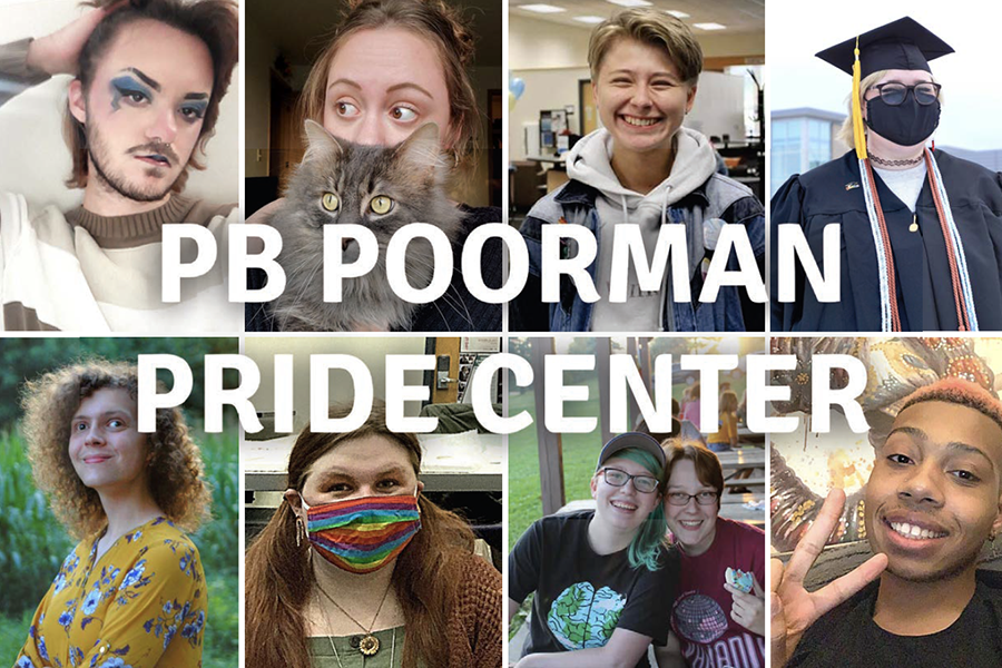 PB Poorman Pride Center written in white and laid over eight images of people.