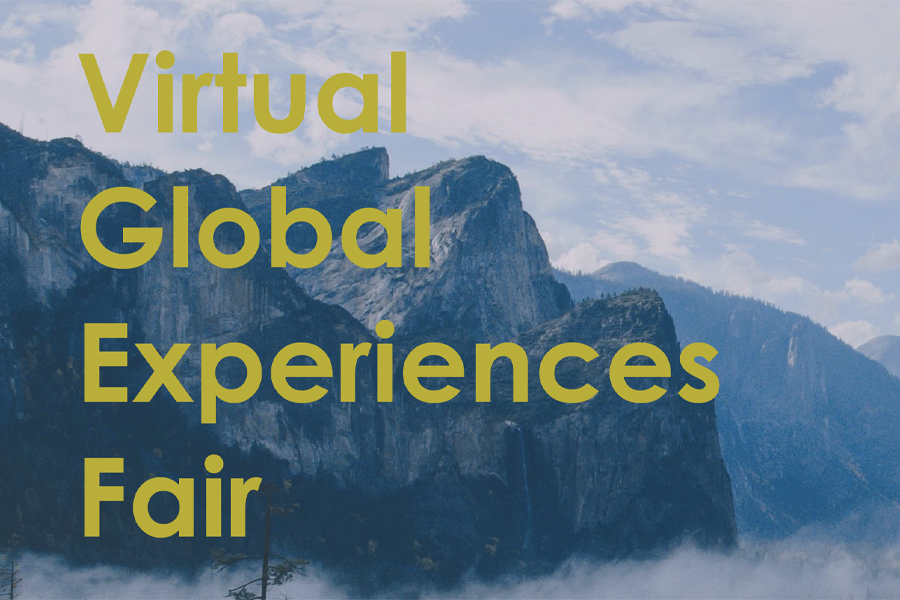 Virtual Global Experiences Fair with mountains in the background.