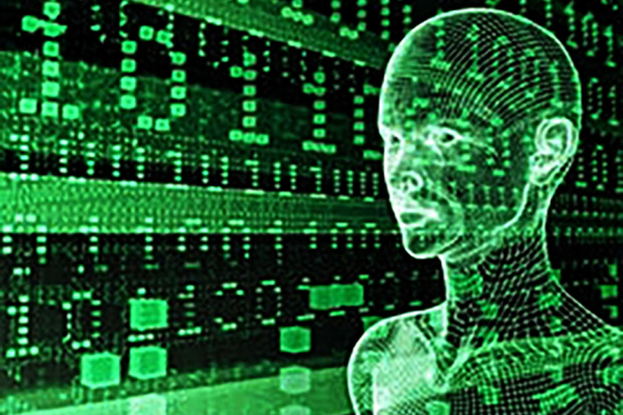 Green and black computer code with the image of a person.