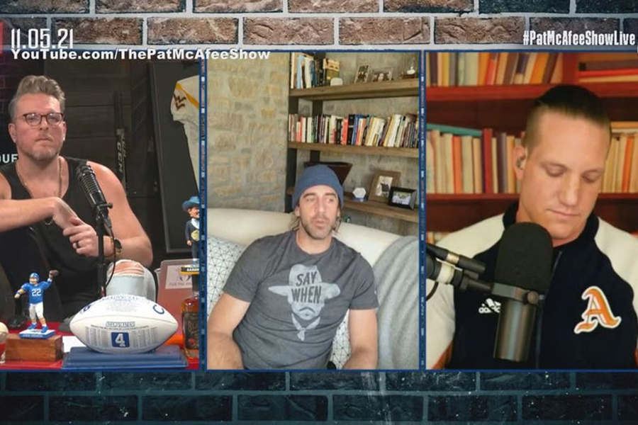 Screen shot of Pat McAfee Show with Aaron Rodgers.