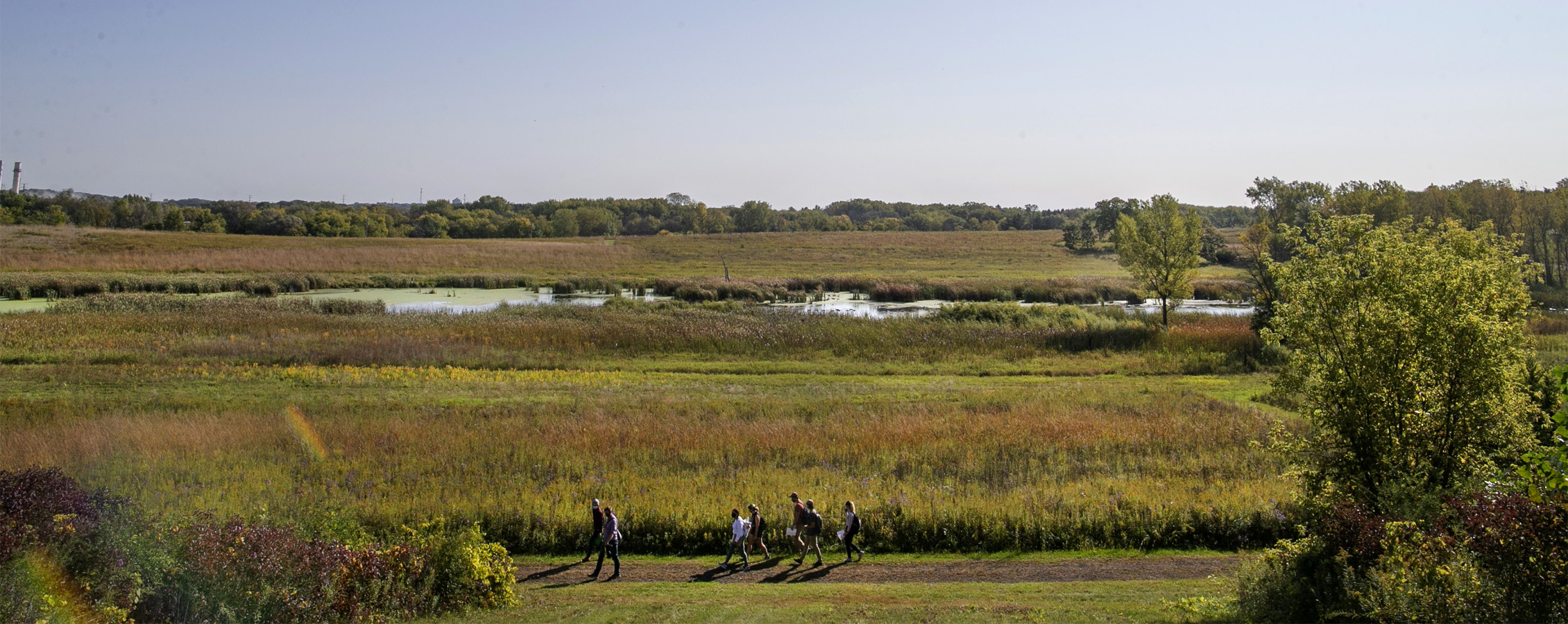 Students walk through an open field with a small body of water.