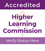 Purple and white badge says Higher Learning Commission, verify status here.
