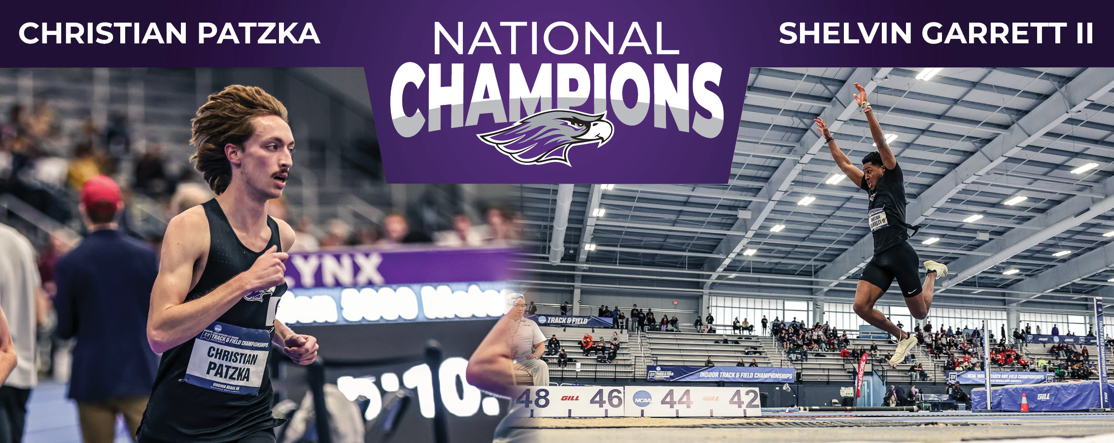 Two track and field athletes, one is running, the other jumping and it says national champions.