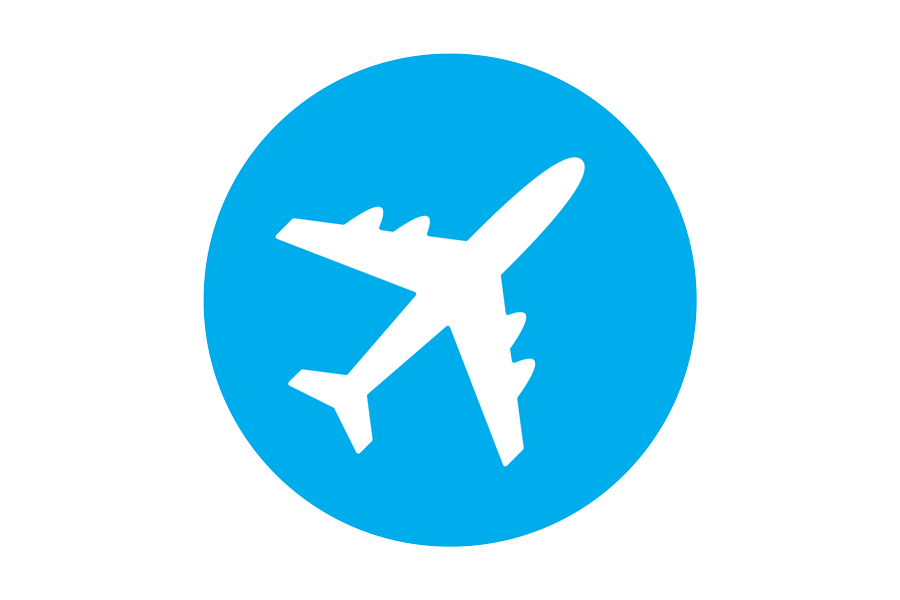 Icon of a plane on a blue background.