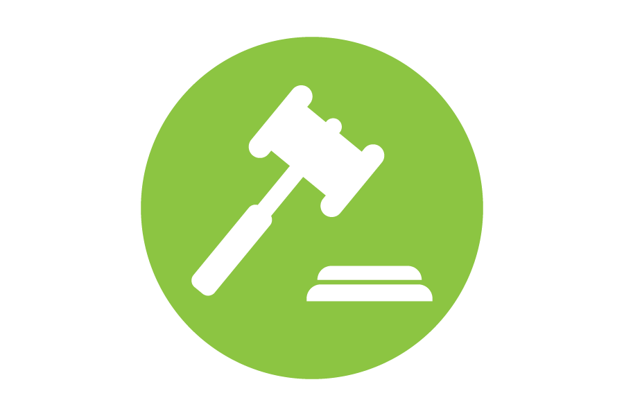 Green background icon with a gavel on it.