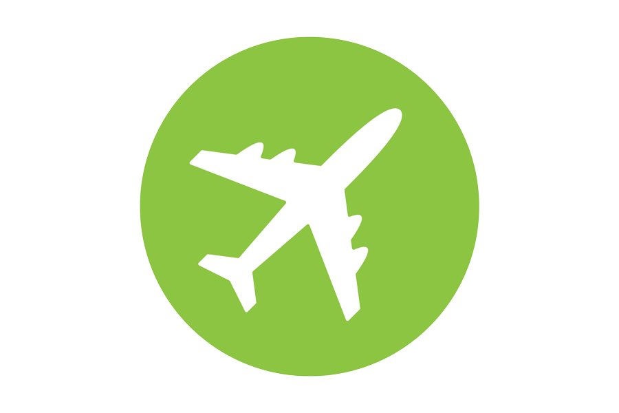 Icon of a white airplane on a green background.