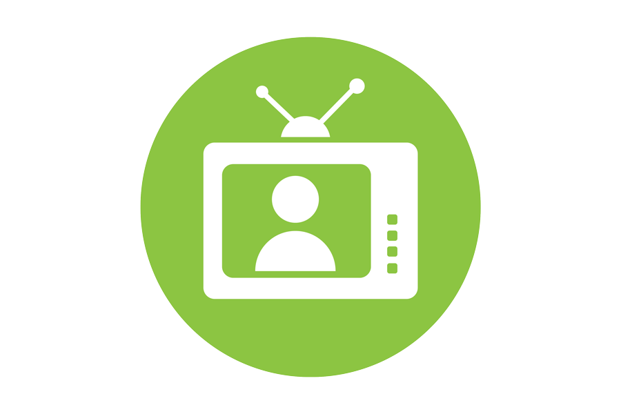  White graphic of a TV set on a green bakcground.