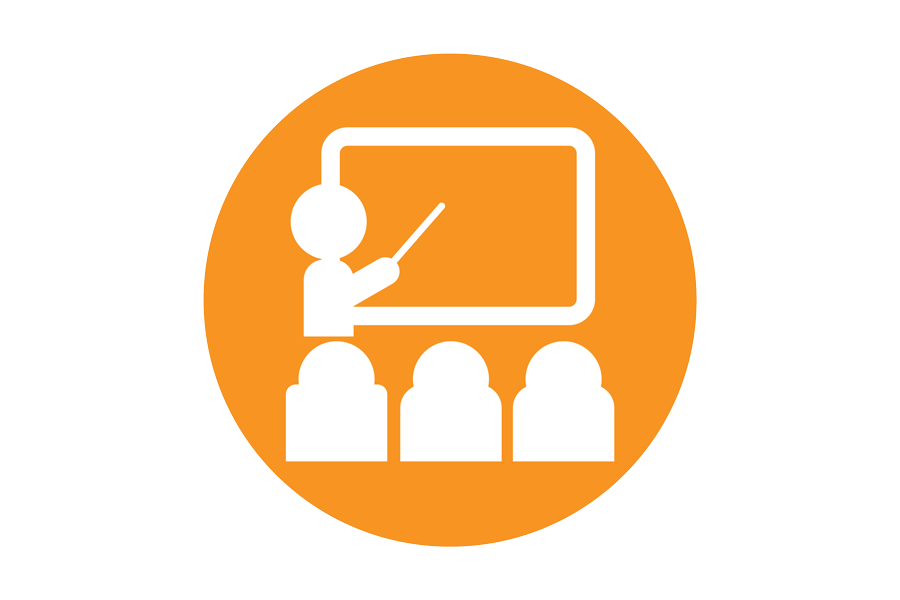 Orange icon with people watching someone present on a whiteboard.