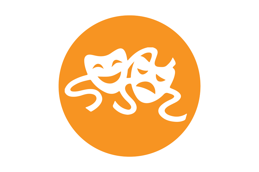 Graphic of two white masquerade masks on an orange background.