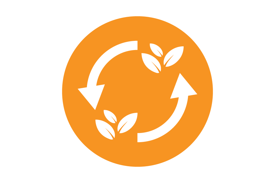 Icon of white leaves in a circle on an orange background.