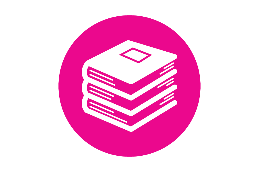 Pink icon with books in it.