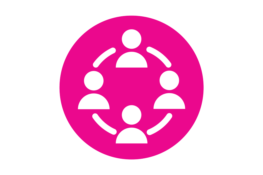  Four connected people on a pink background.