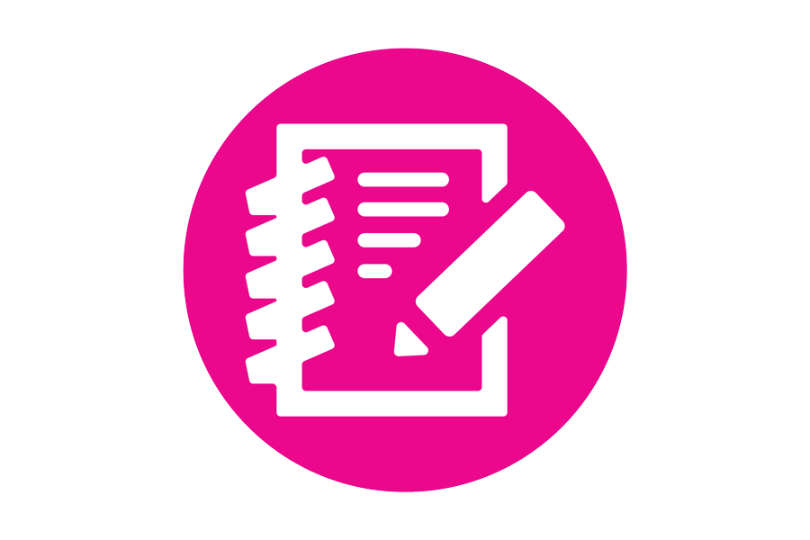 Pink icon with a paper and pen