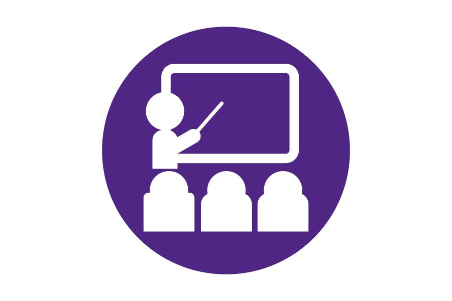 Purple icon with people at a whiteboard.