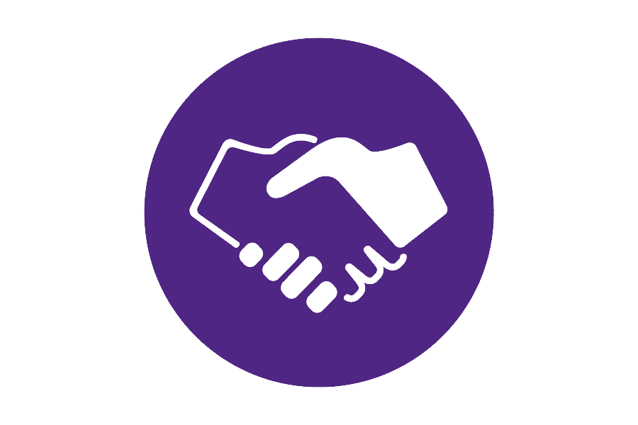 Purple icon of a handshake