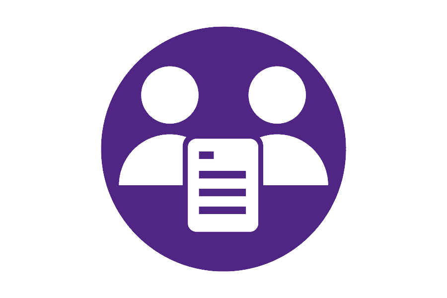Purple icon of 2 people and paper