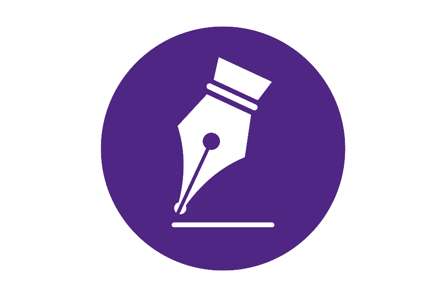  White graphic of a pen writing on a purple background.