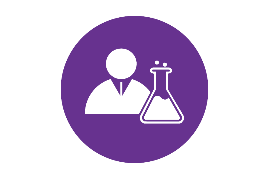 Icon of a person in a lab coat by a beaker.