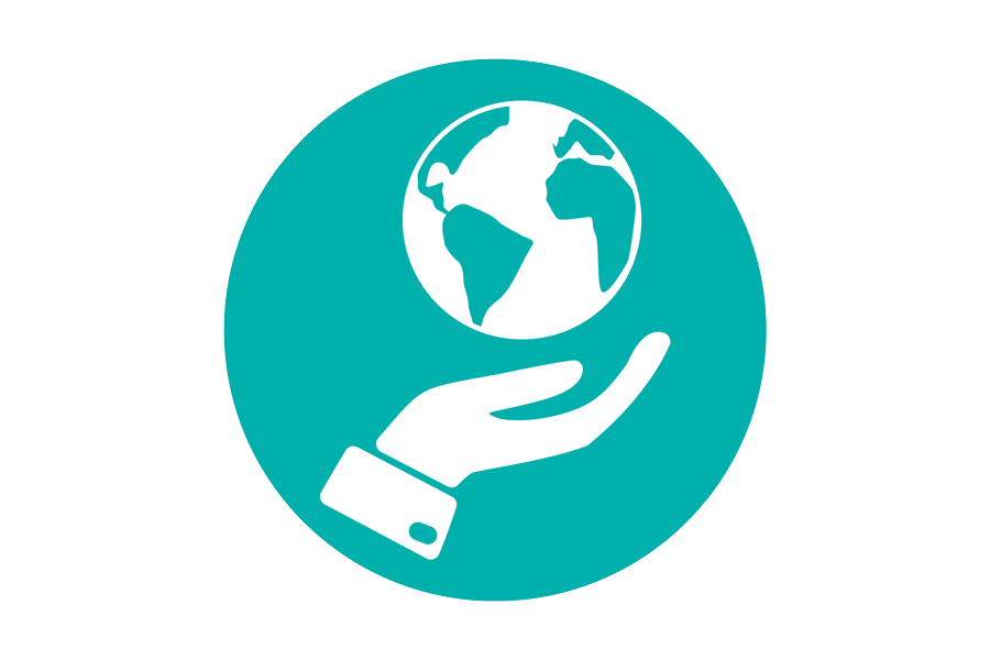 Graphic of a white hand and Earth on a teal background.