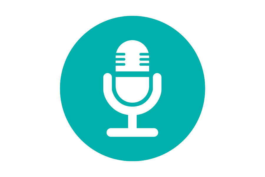 White graphic of a microphone on a teal background.