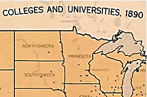 excerpt of screenshot from digitized 1932 atlas showing Wisconsin and Minnesota college and university locations