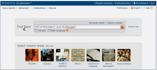 screen shot of ProQuest basic search 
