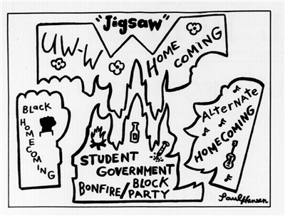 Drawing of various Homecoming events represented as jigsaw pieces