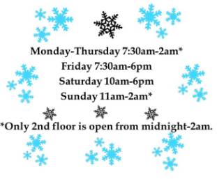 Library Spring hours M-TH 7:30am-2am, F 7:30am-6pm, Sat 10am-6pm, Sun 11am-2am