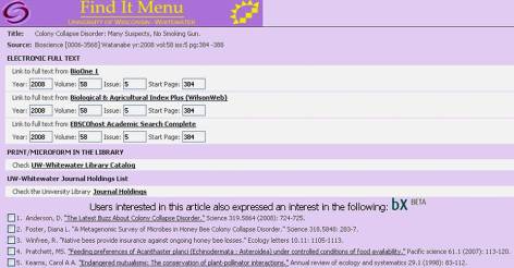 screenshot of bX Recommender in a Find It menu