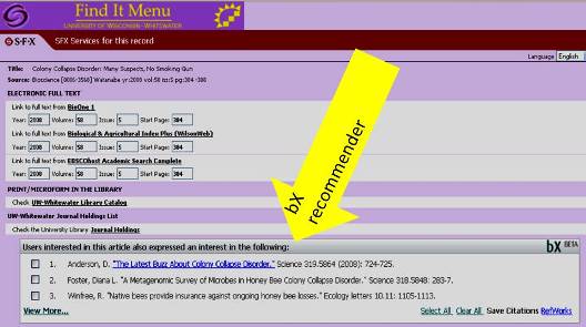 screenshot of bX Recommender in a Find It menu