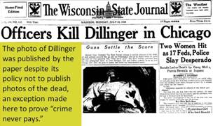 Madison newspaper image day after Dillinger's death