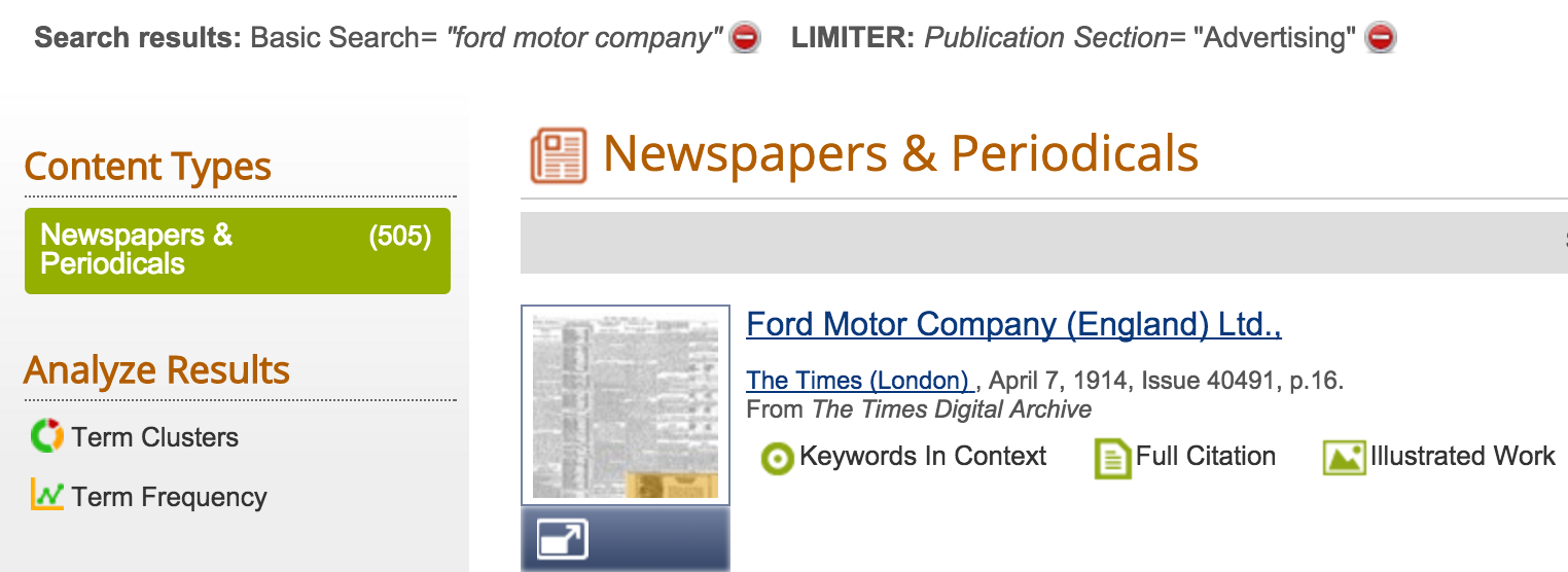 screen shot of the search interface from Artemis with results limited to advertisements from Newspapers about the Ford Motor Company.
