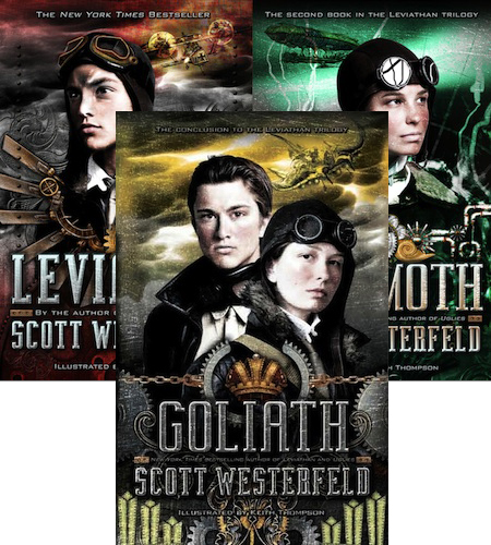 Book covers of the Leviathan series by Scott Westerfeld: Leviathan, Goliath, Behemoth