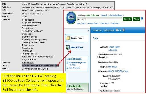 Screen shots of catalog record and eBook Collection record for title Yoga