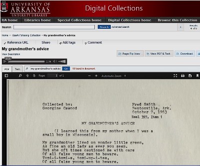 Screenshot of My Grandmother's Advice in Ozark Folksong Collection