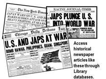 Images of newspaper articles about Pearl Harbor and US entry into WWII