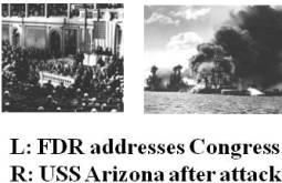 2 photos, one FDR addressing Congress Dec 8 and one UWW Arizona on fire after attack