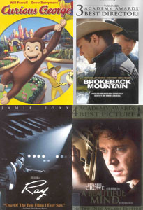 movie collage with Curious George, Brokeback Mountain, A Beautiful Mind and Ray