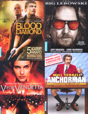 movie collage with V for Vendetta, Big Lebowski, Anchorman, and Blood Diamond
