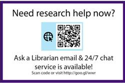 Photo of QR Code sign for Ask a Librarian online reference service