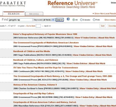 Reference Universe search result display