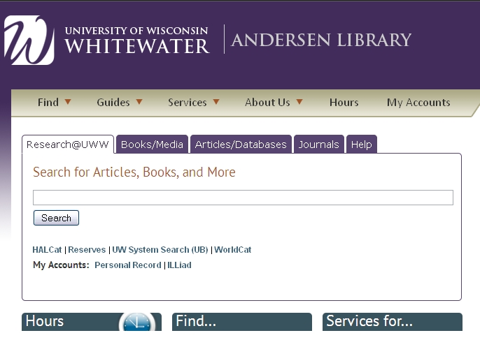 screen shot of Research@UWW search box