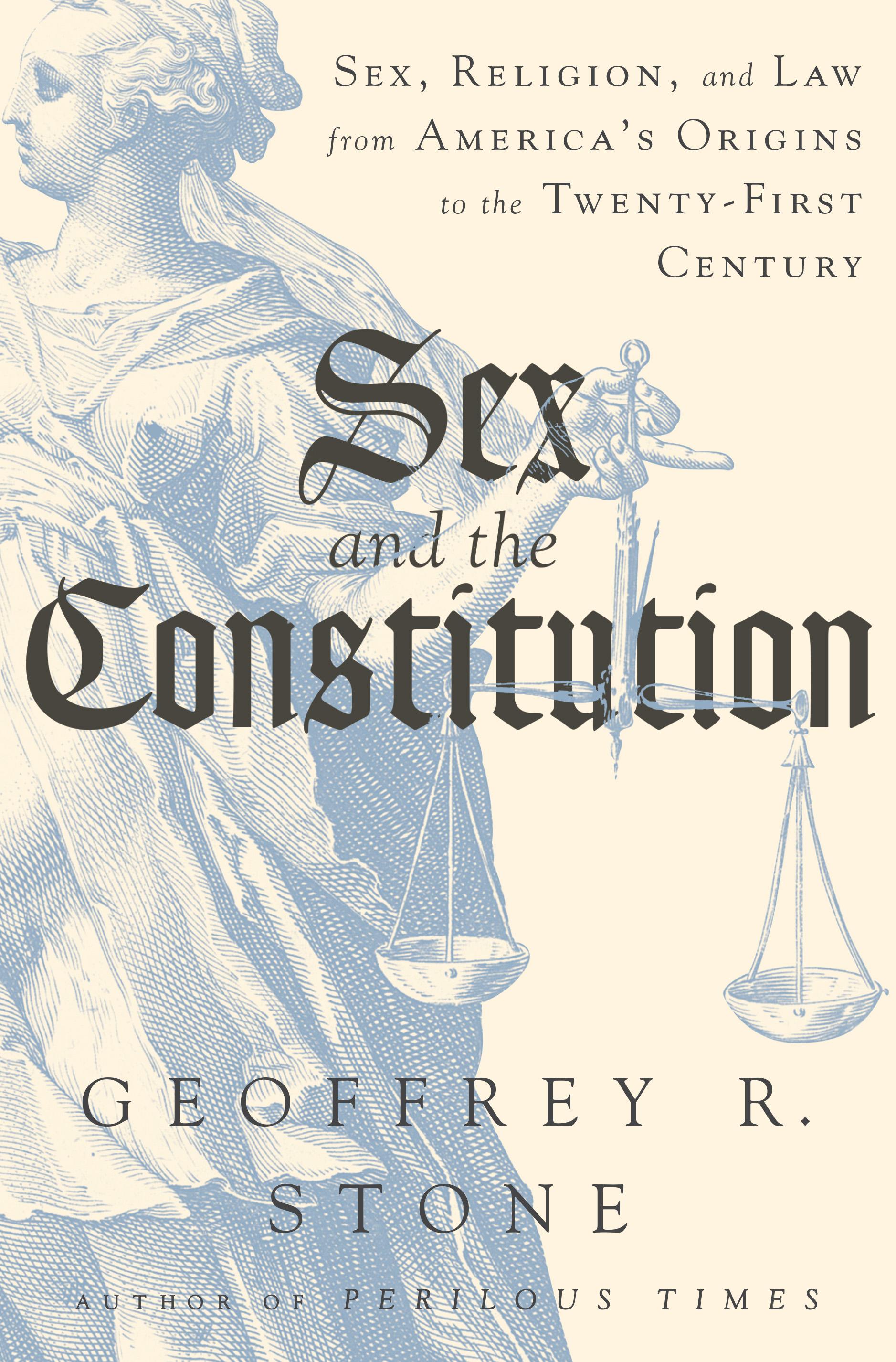 book cover image for Sex and the constitution featuring the title in black text over a blue image of lady justice on a yellow background