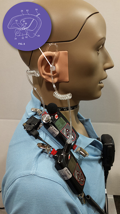 A prototype of the in-ear dosimeter on a mannequin, along with one of the schematics included in the patent application.